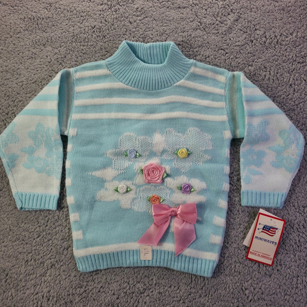 Miniwaves Vintage Girls Blue Striped Knit Sweater Ribbon Roses Bow Size S NWT